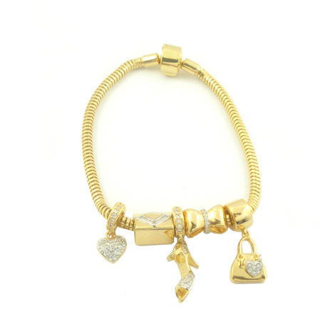 bracelete brilho folheados 5 charms berloques semijoia antialergica banhado ouro dourado sem niquel sabrina joias