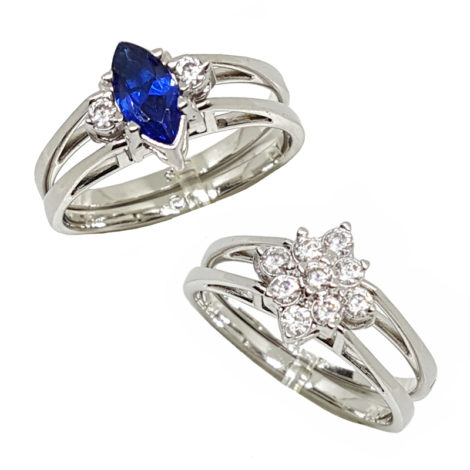 R1910672 anel de formatura 2 faces pedra cristal navete azul safira com outra parte sendo com flor em zirconias brancas joia folheada ouro branco rodio prateado