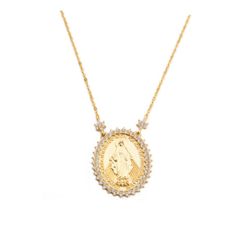 1900263 colar nossa senhora das graças com zirconias brancas mensagem na medalha joia folheada ouro amarelo 18k sabrina joias brilho folheados