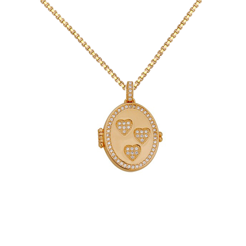 MB1136 CE0005 45 colar corrente veneziana com pingente oval relicario para foto com coraçoes em zirconia folheado a ouro 18k bruna semjoias brilho folheados