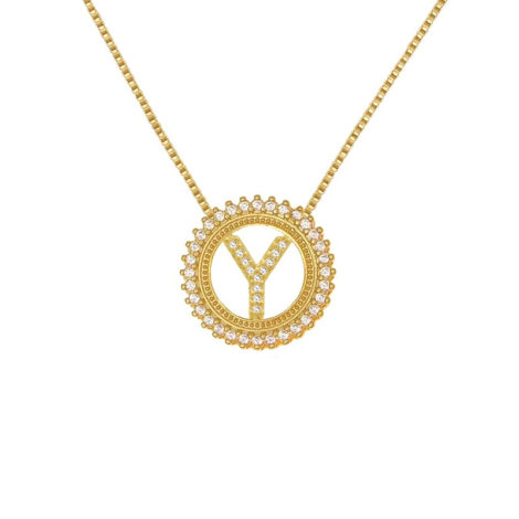 colar feminino corrente veneziana resistente com pingente letra y cravejado com zirconias branca folheado ouro dourado 18k brilho folheados
