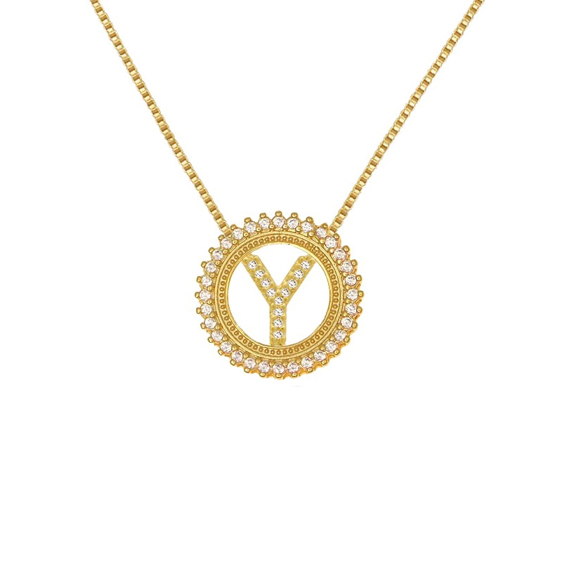 colar feminino corrente veneziana resistente com pingente letra y cravejado com zirconias branca folheado ouro dourado 18k brilho folheados