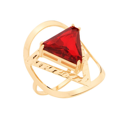 512624 anel aro fino com peca oval e cristal triangulo no centro vermelho rubi joia folheada ouro brilho folheados rommanel metamorfose