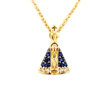 1800688 222e45 colar de mini nossa senhora aparecida com manto cravejado com zirconias azul colar de elos folheado a ouro 18k sabrina joias brilho folheados