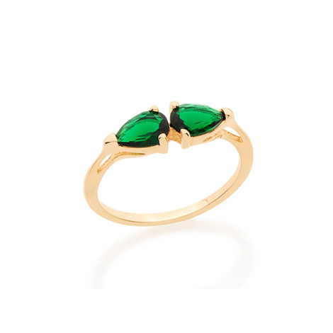 512680 anel aro fino com 2 cristais verde esmeralda em formato de gota visto da horizontal joia folheada a ouro 18k miss violet rommanel brilho folheados