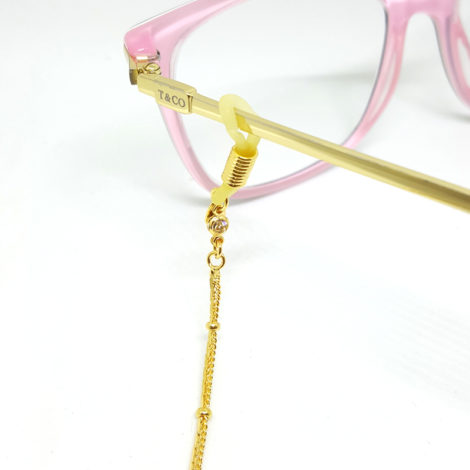 Corrente dupla para oculos com bolinhas de metal e pedra de strass em cada ponta joia folheada modelo brilho folheados 2