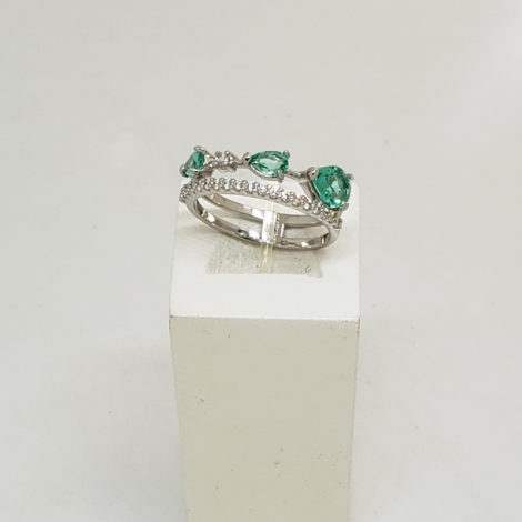 1910949 anel aro duplo com zirconia branco brilhante com gota de cristal verde turmalina paraiba joia folheada rodio cor prata foto exposta loja brilho folheados