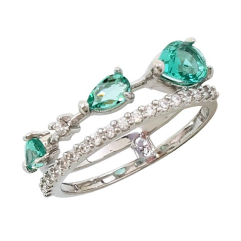 1910949 anel aro duplo com zirconia branco brilhante com gota de cristal verde turmalina paraiba joia folheada rodio cor prata marca sabrina joias loja brilho folheados
