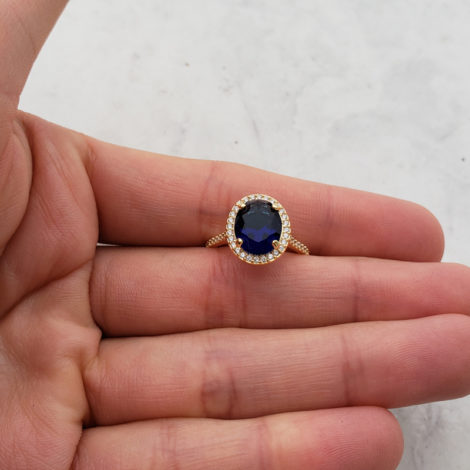 anel solitario cristal azul escuro com zirconias brancas bruna semijoias brilho folheados