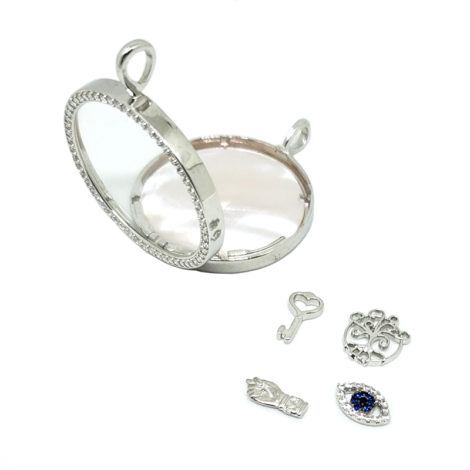 colar com pingente capsula de vidro fundo madreperola com 4 mini pingentes dentro com simbolos de protecao colar banhado a rodio loja brilho folheados