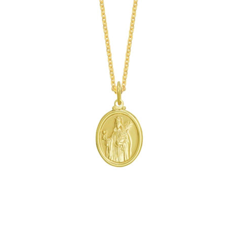 colar feminino com medalha oval de santa barbara folheada ouro 18k loja brilho folheados