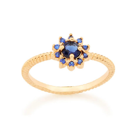 512716 anel flor com zircônias azul folheado a ouro joia rommanel colecao gratidao loja brilho folheados