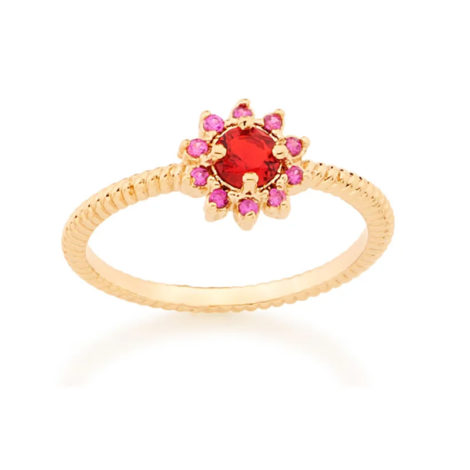 512716 anel flor com zircônias vermelha e rosa folheado a ouro joia rommanel colecao gratidao loja brilho folheados
