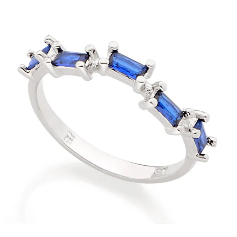 110811 anel prateado com zircônias retangulares azuis joia rommanel colecao gratidao loja brilho folheados