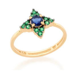 512762 anel flor com zirconia verde e azul e aplicação em ródio negro joia folheada a ouro joia rommanel colecao gratidao loja brilho folheados