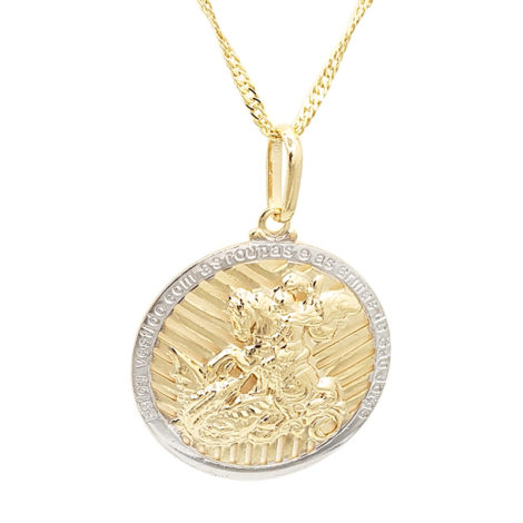 medalha sao jorge grande dourada com borda prateada com corrente singapura diamantada folheada ouro 18k brilho folheados
