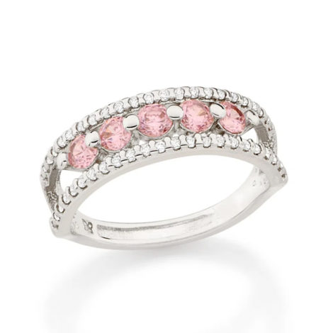 110854 anel aro duplo cravejado de zirconias com 5 zirconias rosa no centro prateado colecao cores da vida marca rommanel loja revendedora brilho folheados 1