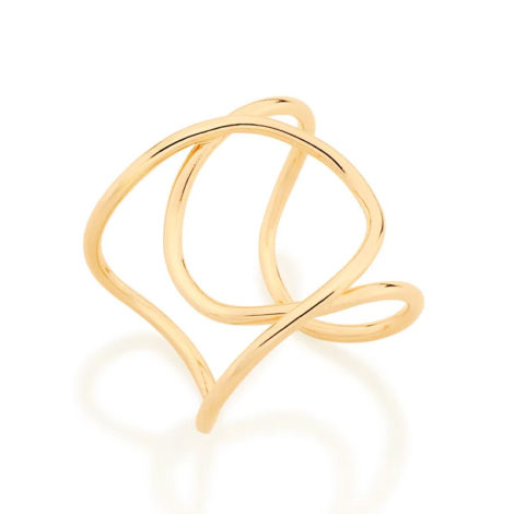 Imagem de fundo branco contendo um maxi anel no centro da marca Rommanel, código 512919. Anel na cor dourada folheado a ouro. Anel formado por dois aros entrelaçados, tendo a parte central vazada.