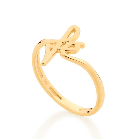 Imagem de fundo branco contendo um anel no centro da marca Rommanel, código 512899. Anel na cor dourada folheado a ouro. Anel aro liso com escrita fé na parte central.