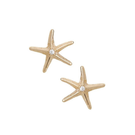 Imagem de fundo branco com um par de brincos, código 1689989. Brinco no formato de estrela do mar trabalhada com zircônia no centro. Brinco mede 1,1 cm de diâmetro.