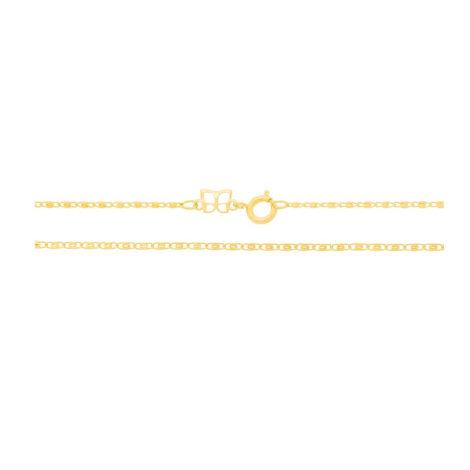 Imagem de fundo branco contendo uma corrente de malha mimosa diamantada da marca Rommanel. Corrente está posicionada na horizontal mostrando o símbolo da Rommanel que é a borboleta.