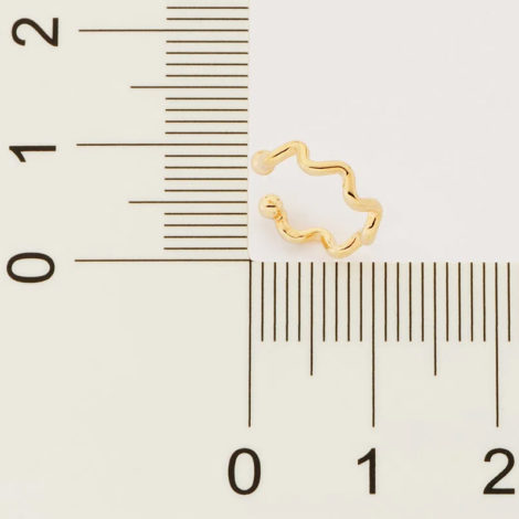 Fundo cinza com uma régua na frente da cor preta, com um brinco piercing de pressão em cima na cor dourado