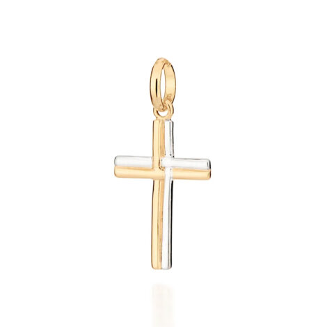 Foto de fundo branco do pingente cruz dourado e prateado antialérgico da Rommanel. Código 542627