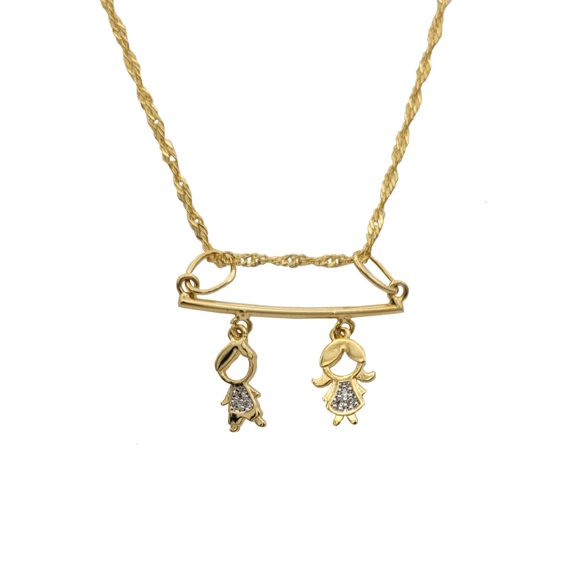 Foto fundo branco colar casal de filhos menina e menino folheado a ouro, cor dourado, vendido pela loja Brilho Folheados. Código MB0214-MB1276-MB1275-CS45E5