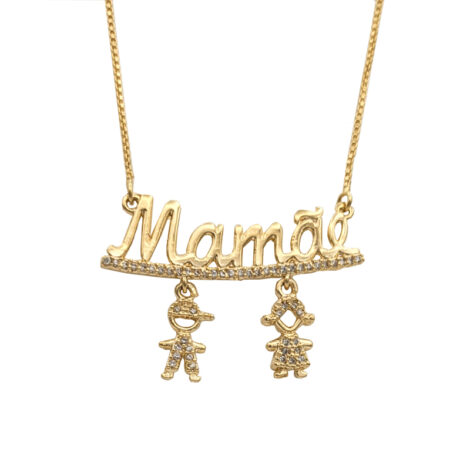 Foto fundo branco do colar mamãe casal de filhos banhado a ouro, cor dourado. Código CMHMS-45